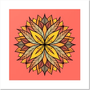 Colorful Floral Mandala Abstract In Yellow And Coral Posters and Art